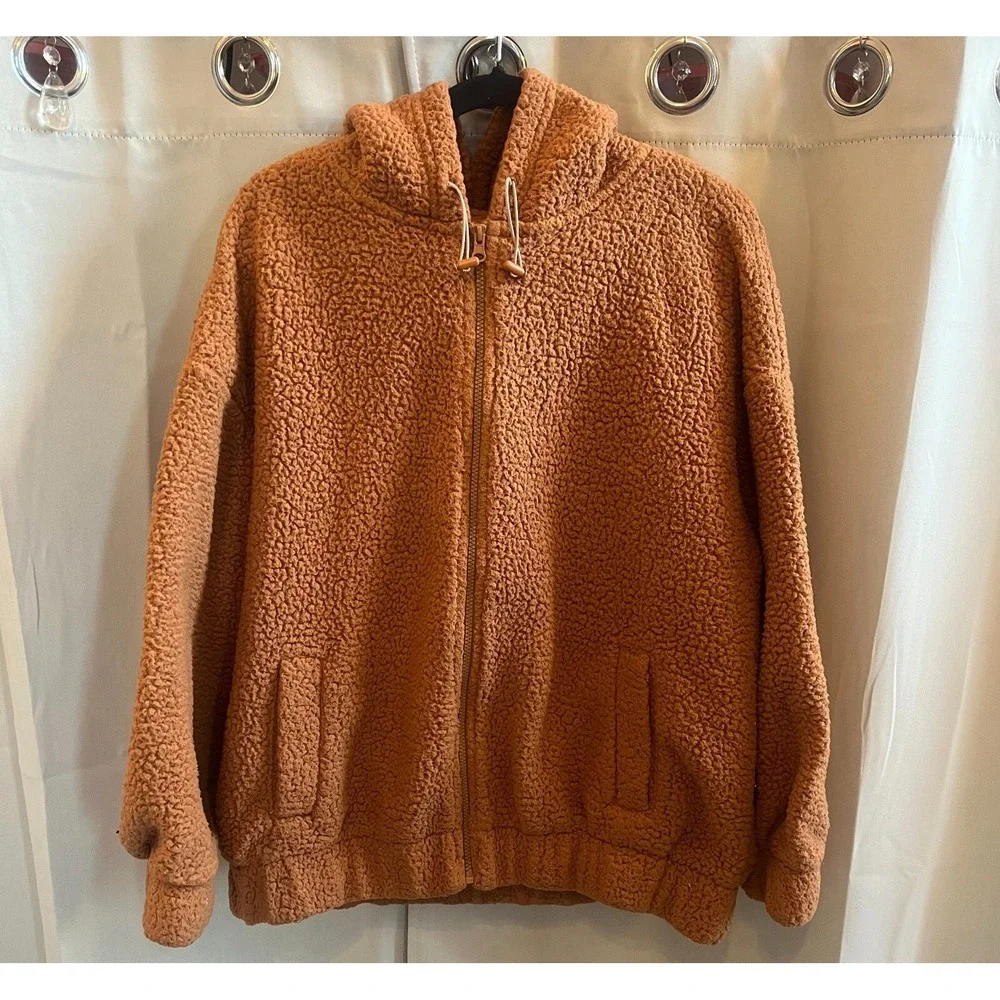 Aerie Jacket OVERSIZED Medium Brown Sherpa Teddy Full Zip Hooded Cozy 16721x